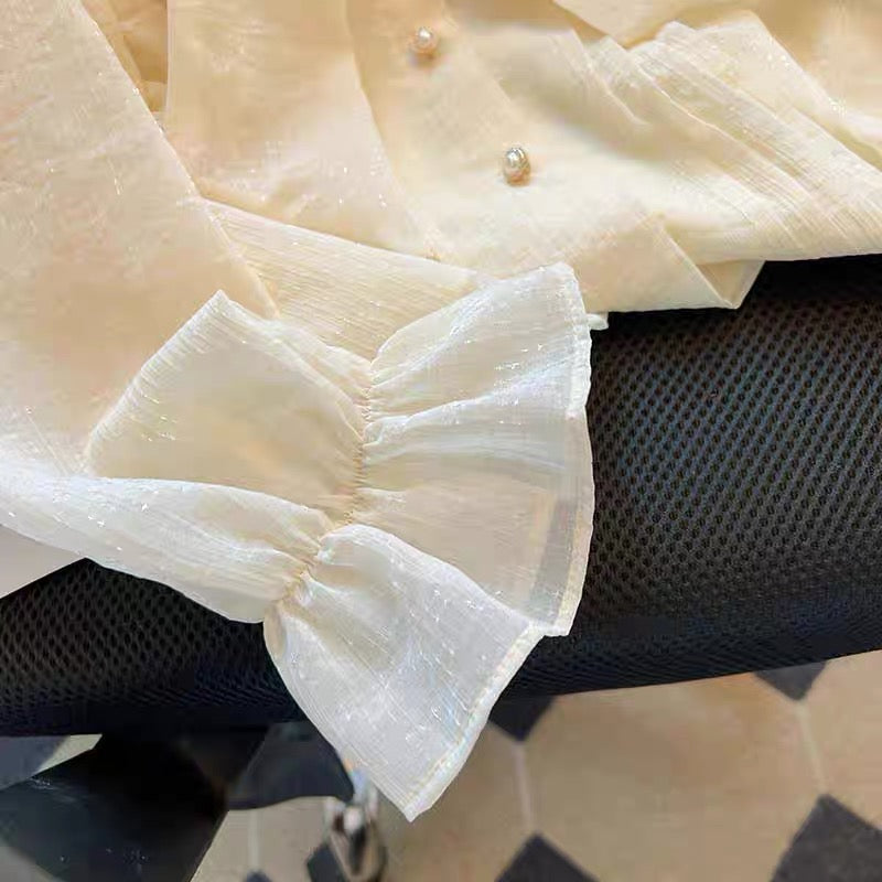 Side ruffle tie neck blouse