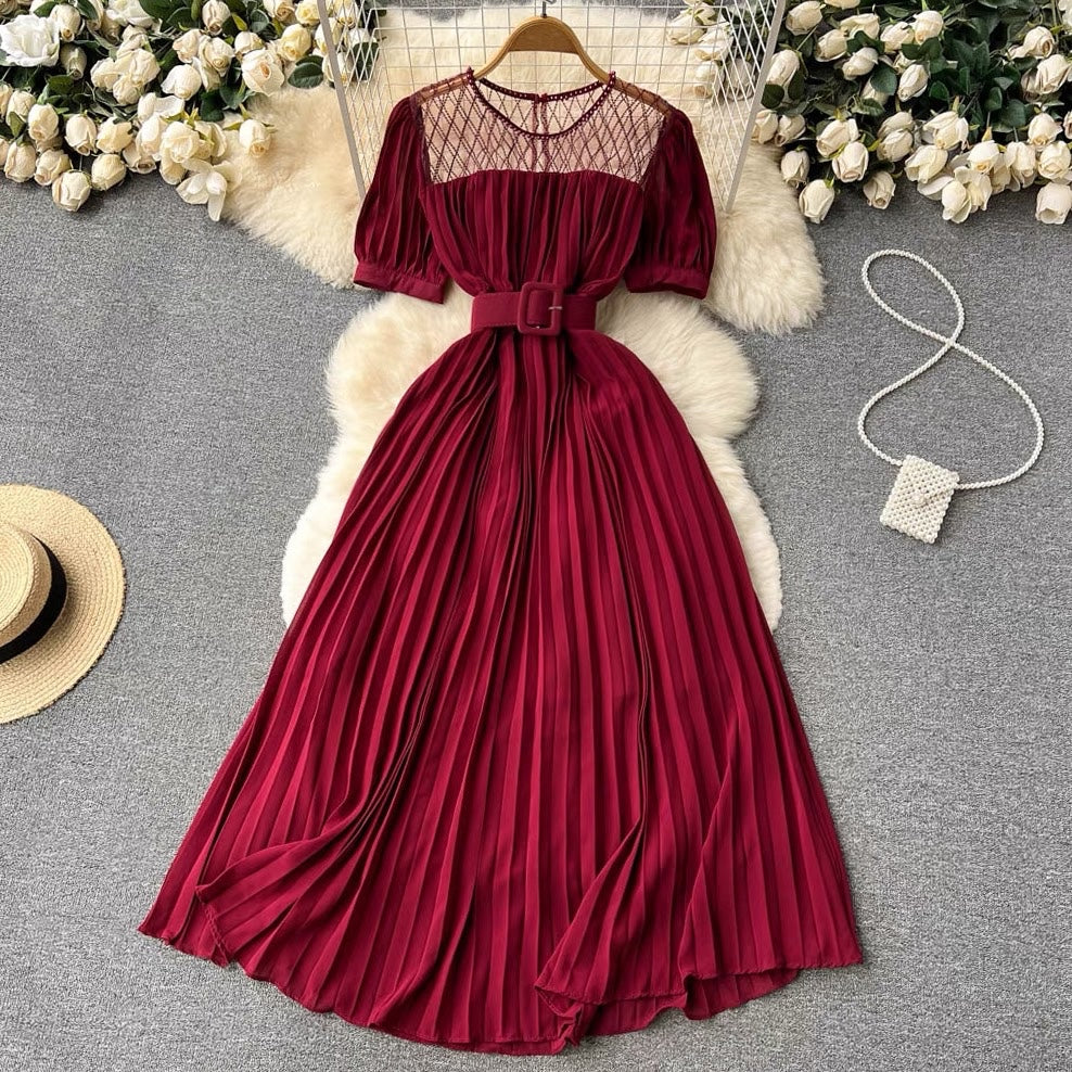 Belted round neck pleated midi dress
