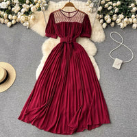 Belted round neck pleated midi dress