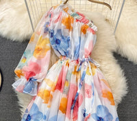 Poet sleeve one shoulder floral maxi dress