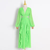 Side ruffle lace up back green maxi dress