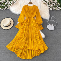 V neck button down side ruffle plisse midi dress