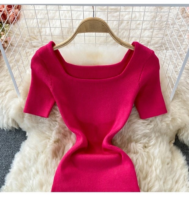 Short sleeve square neck knit slit dress