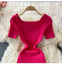 Short sleeve square neck knit slit dress