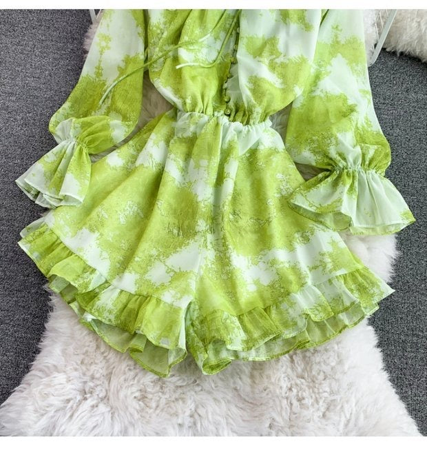 Long sleeve tie neck button up romper