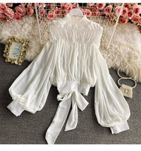 Bishop sleeve ruched neck tie waist top