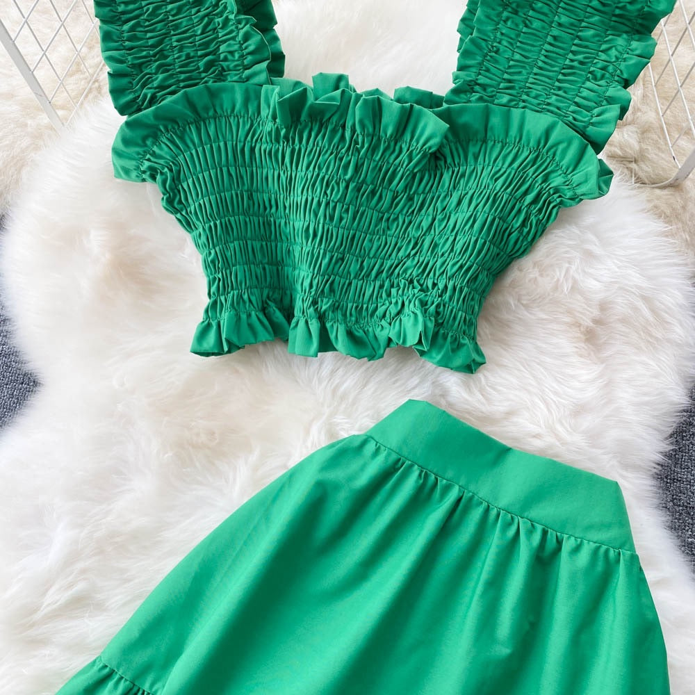 Smocked bodice crop top and prairie skirt set