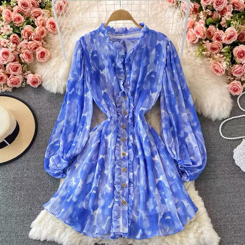 Peasant sleeve button through tie neck pleated dress