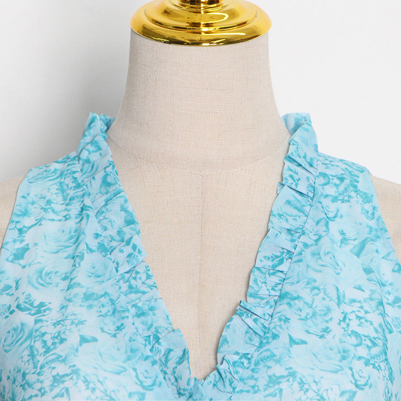 Beautiful ruffle tiered maxi chiffon dress in blue
