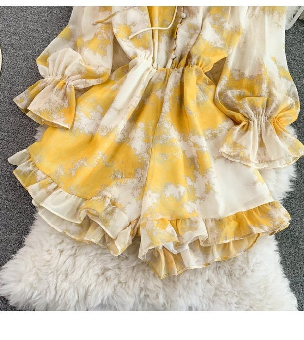 Long sleeve tie neck button up romper