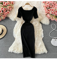 Short sleeve square neck knit slit dress