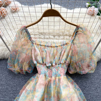 Floral watercolour on mesh lace puff dress
