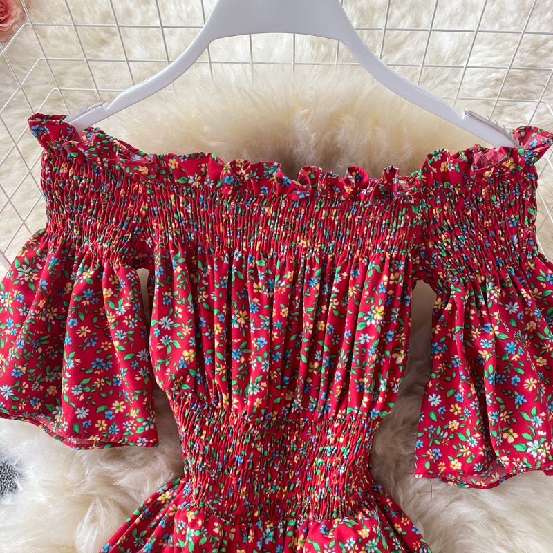 Mini floral Flounce sleeve off shoulder tiered midi dress