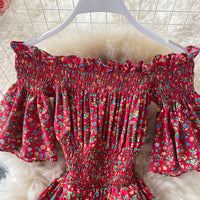 Mini floral Flounce sleeve off shoulder tiered midi dress