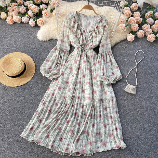 Balloon sleeve ruffle V neck pleated dress