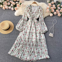 Balloon sleeve ruffle V neck pleated dress