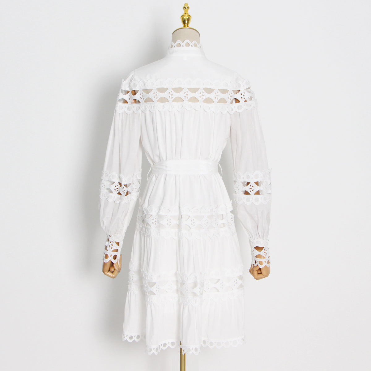 Belted button through embellished lace A line dress