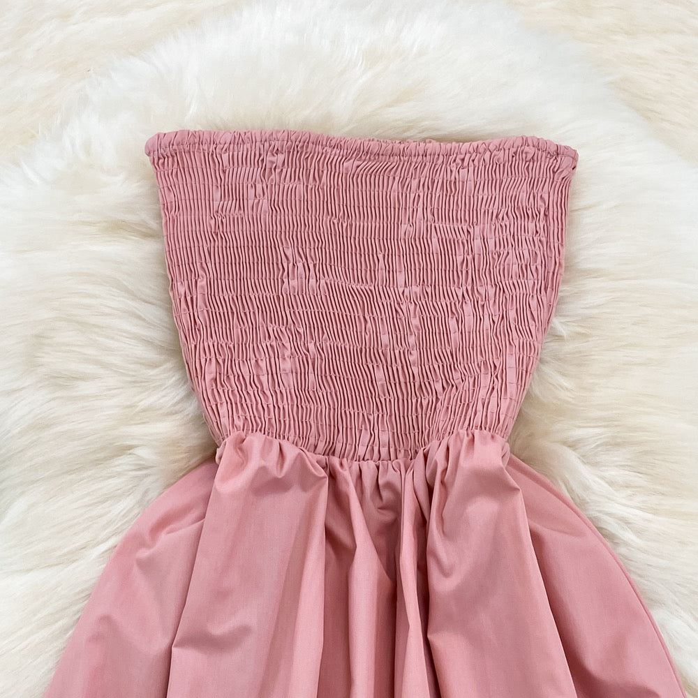 Strapless smocked bodice solid colour midi dress
