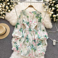 Cuff sleeve V neck floret ruffle mini dress