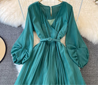 Long lantern sleeve wrap pleated jumpsuit with matching color belt