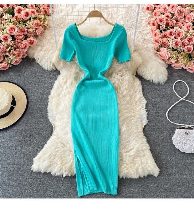 Short sleeve square neck knit slit dress