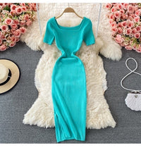 Short sleeve square neck knit slit dress