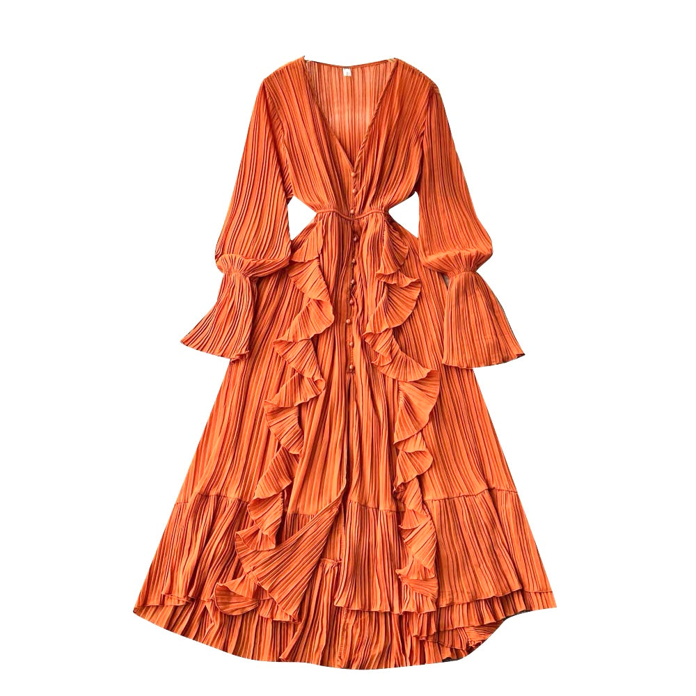 V neck button down side ruffle plisse midi dress