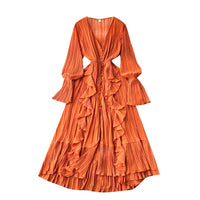 V neck button down side ruffle plisse midi dress