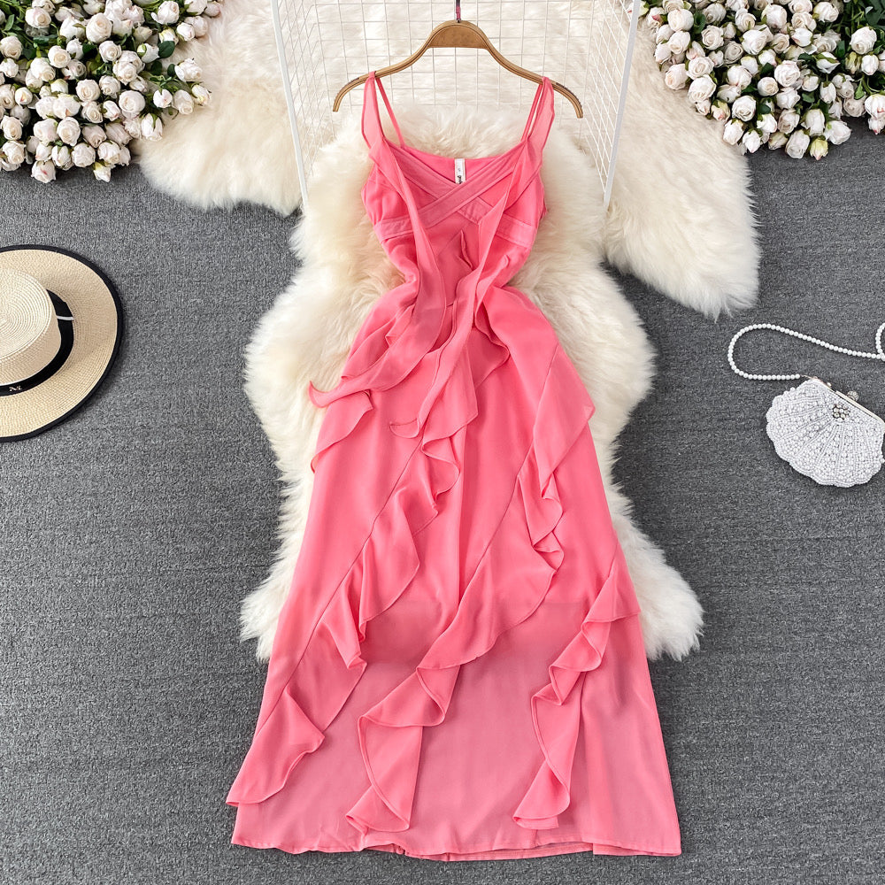 Strappy contract ruffle midi dress