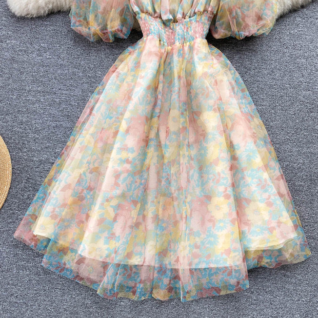 Floral watercolour on mesh lace puff dress
