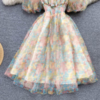 Floral watercolour on mesh lace puff dress