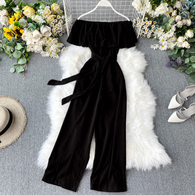 Off shoulder waist tie ruffle jumpsuit