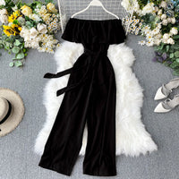 Off shoulder waist tie ruffle jumpsuit