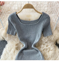 Short sleeve square neck knit slit dress