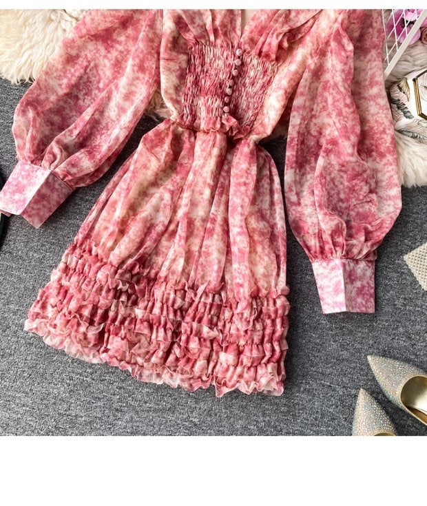 Bishop sleeve V neck ruffle floral dress
