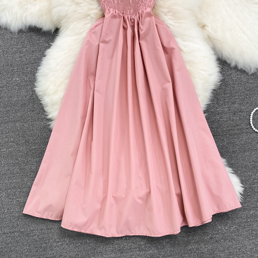 Strapless smocked bodice solid colour midi dress