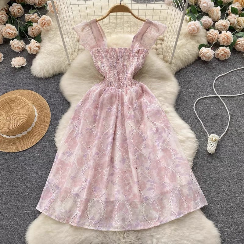 Butterfly sleeve smocked bodice embellished eyelet embroidery midi dress