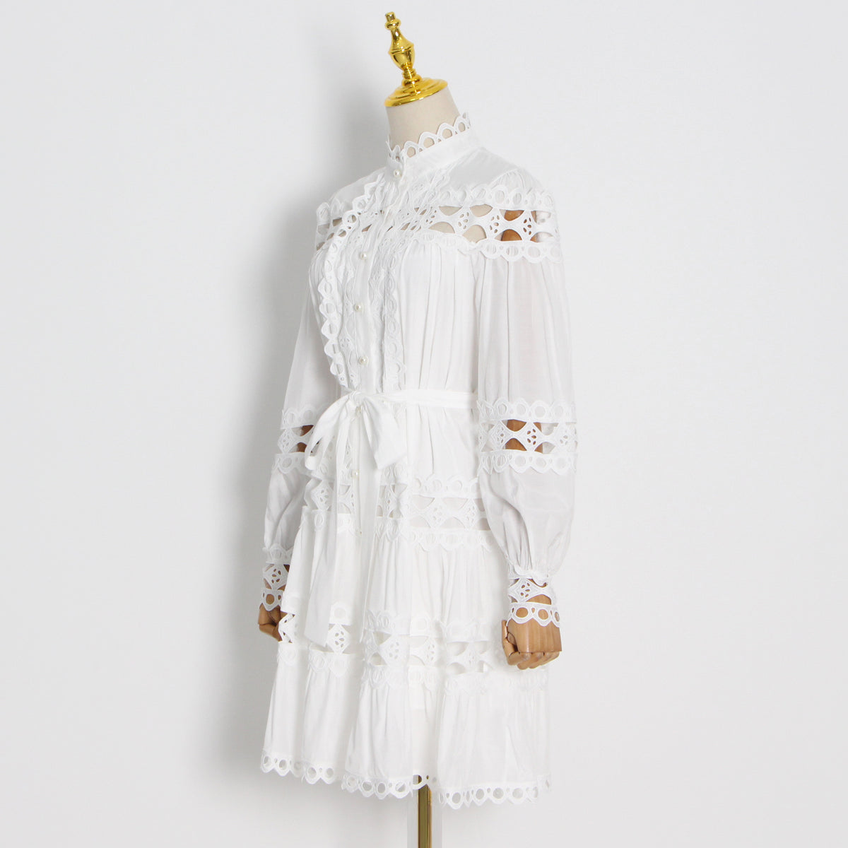 Belted button through embellished lace A line dress