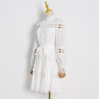 Belted button through embellished lace A line dress