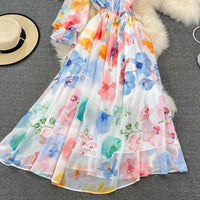 Poet sleeve one shoulder floral maxi dress