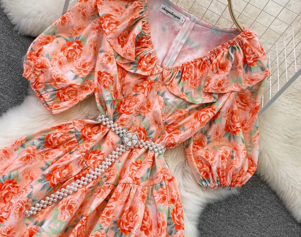 Pearl belted flappy heart neck floral dress