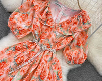 Pearl belted flappy heart neck floral dress