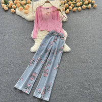 Knitted cami top and cardigan matching floral print jean set
