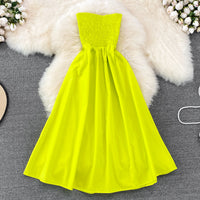 Strapless smocked bodice solid colour midi dress