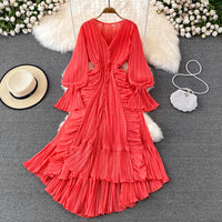 V neck button down side ruffle plisse midi dress