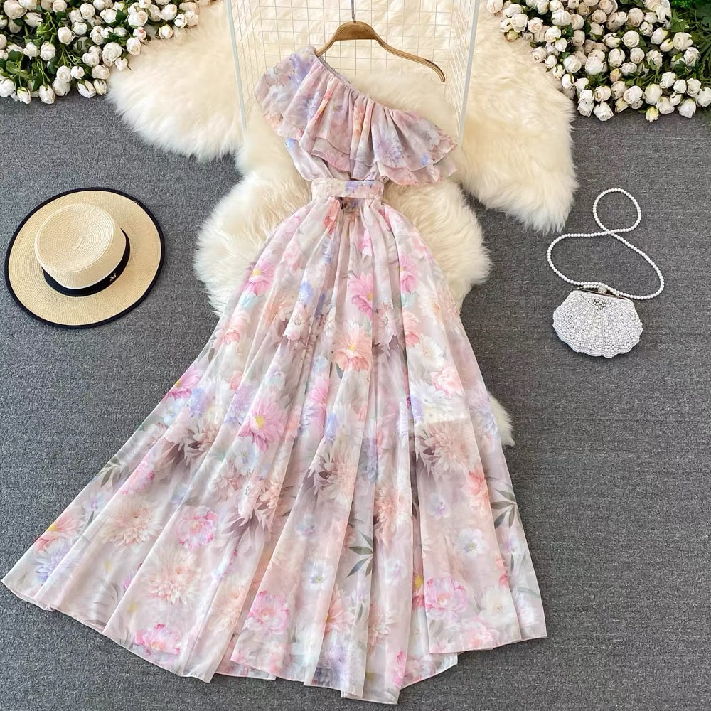 One shoulder ruffle floral maxi dress