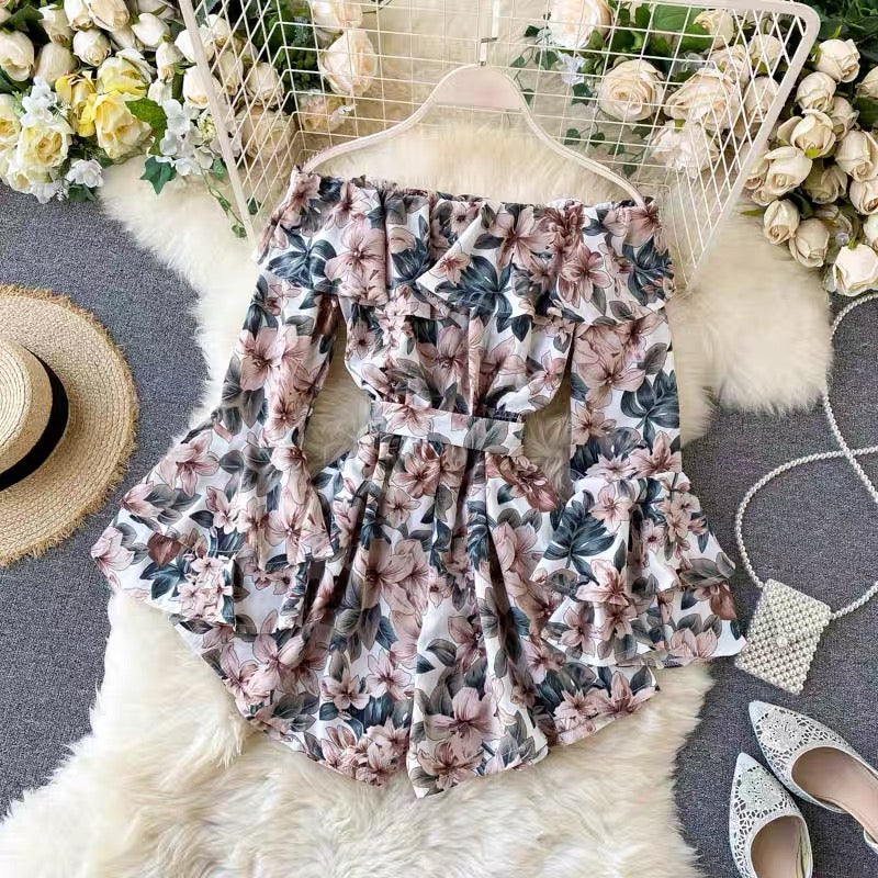 Off shoulder flare sleeve floral romper