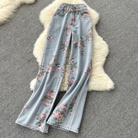 Knitted cami top and cardigan matching floral print jean set
