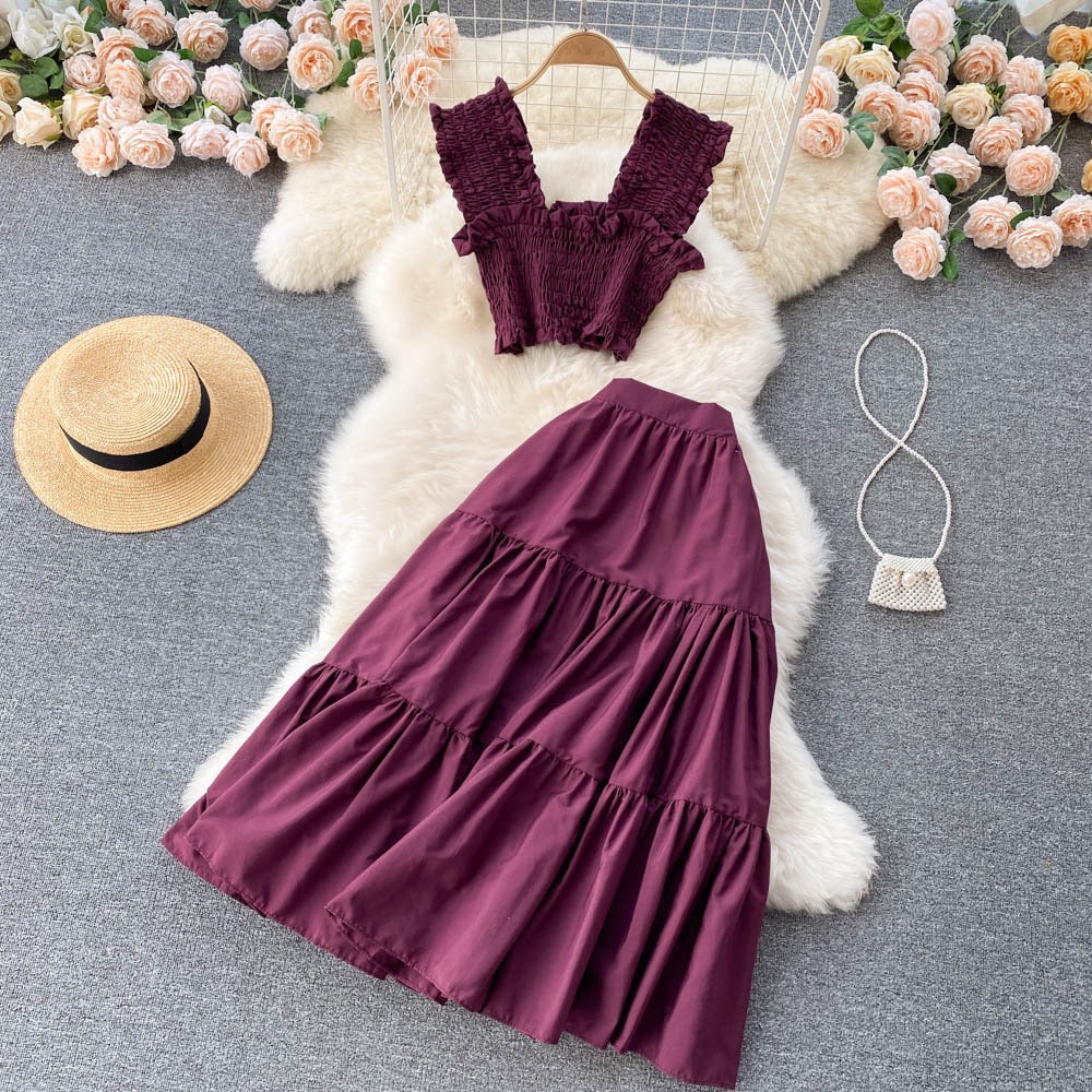 Smocked bodice crop top and prairie skirt set