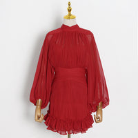 Bishop sleeve shirring mini chiffon dress